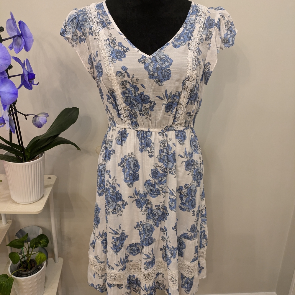 Adrienne Vittadini Blue and White V-Neck Sundress Size S